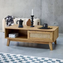 Mesa de centro com efeito madeira e cana, 2 nichos