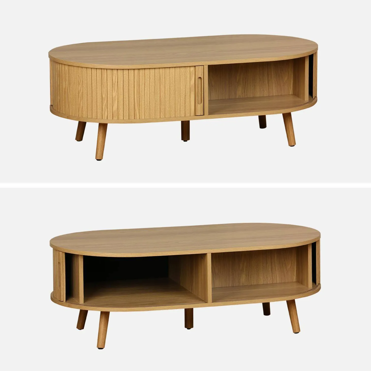 Mesa de centro com portas de correr e compartimentos efeito de madeira