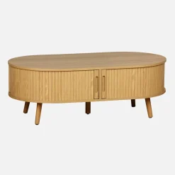 Mesa de centro com portas de correr e compartimentos efeito de madeira