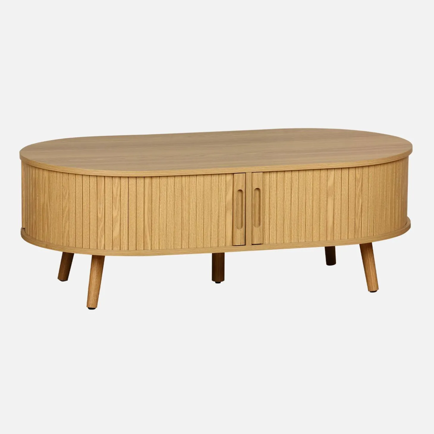 Mesa de centro com portas de correr e compartimentos efeito de madeira