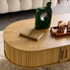 Mesa de centro com portas de correr e compartimentos efeito de madeira