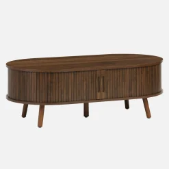 Mesa de centro com portas de correr e compartimentos efeito de madeira