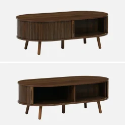 Mesa de centro com portas de correr e compartimentos efeito de madeira