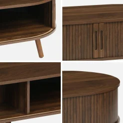 Mesa de centro com portas de correr e compartimentos efeito de madeira