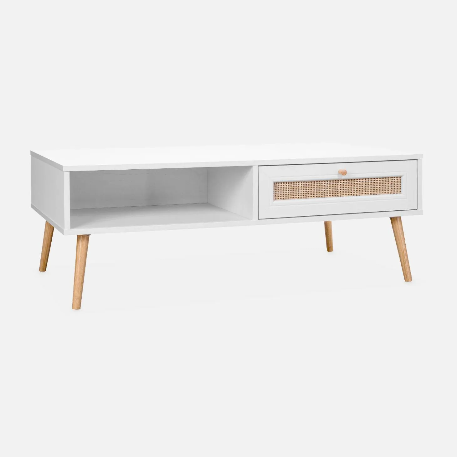 Mesa de centro escandinava em vime de 1 gaveta