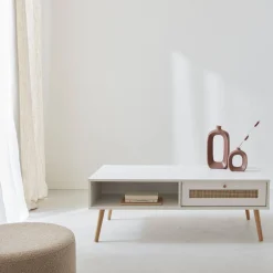 Mesa de centro escandinava em vime de 1 gaveta