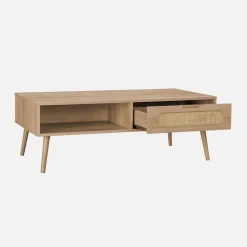 Mesa de centro escandinava em cana arredondada, 1 gaveta