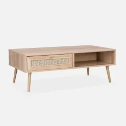 Mesa de centro escandinava em vime de 1 gaveta