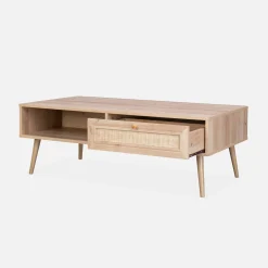 Mesa de centro escandinava em vime de 1 gaveta
