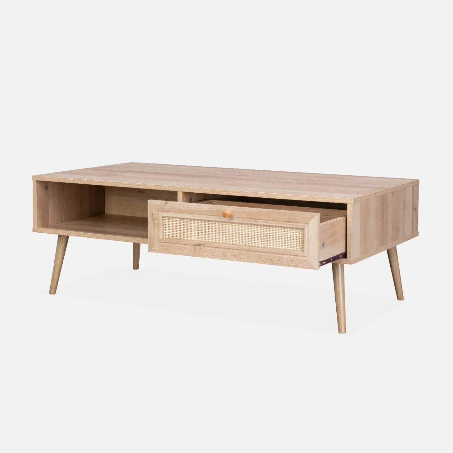 Mesa de centro escandinava em vime de 1 gaveta
