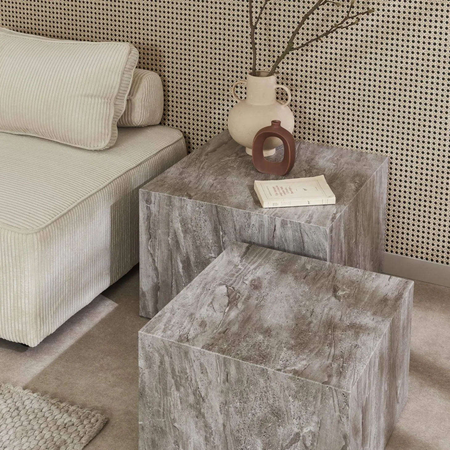 Mesa de centro quadrada com efeito mármore, set de 2