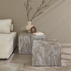 Mesa de centro quadrada com efeito mármore, set de 2