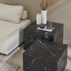 Mesa de centro quadrada com efeito mármore, set de 2