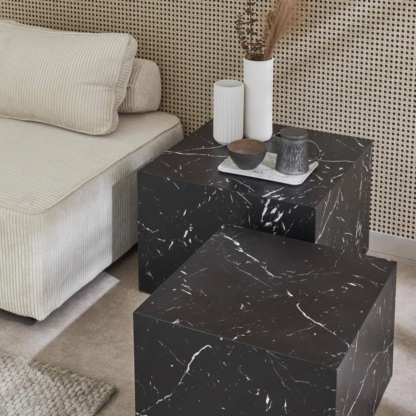 Mesa de centro quadrada com efeito mármore, set de 2