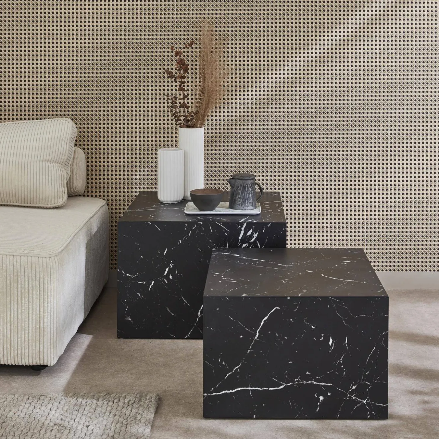 Mesa de centro quadrada com efeito mármore, set de 2