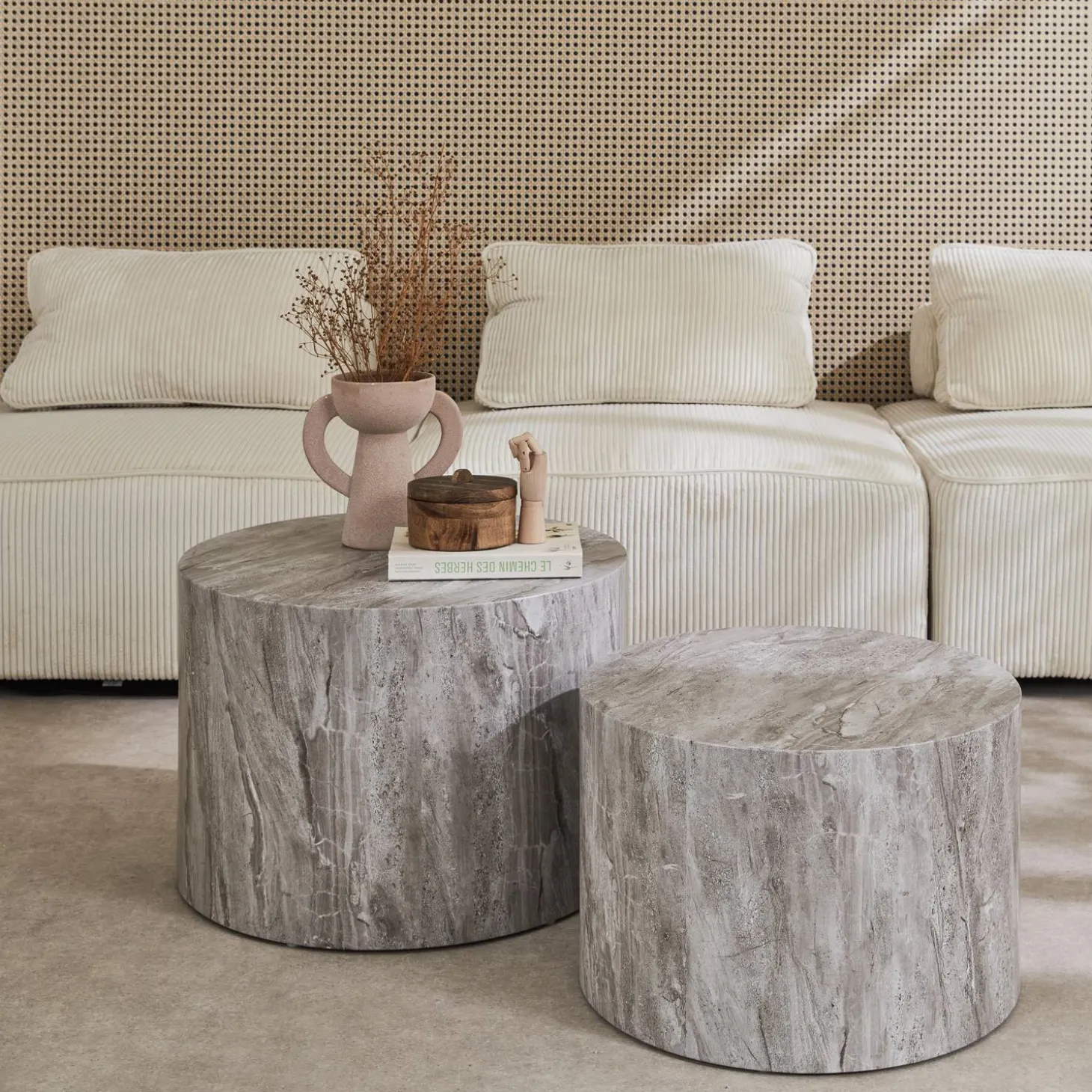 Mesa de centro redonda com efeito mármore, set de 2