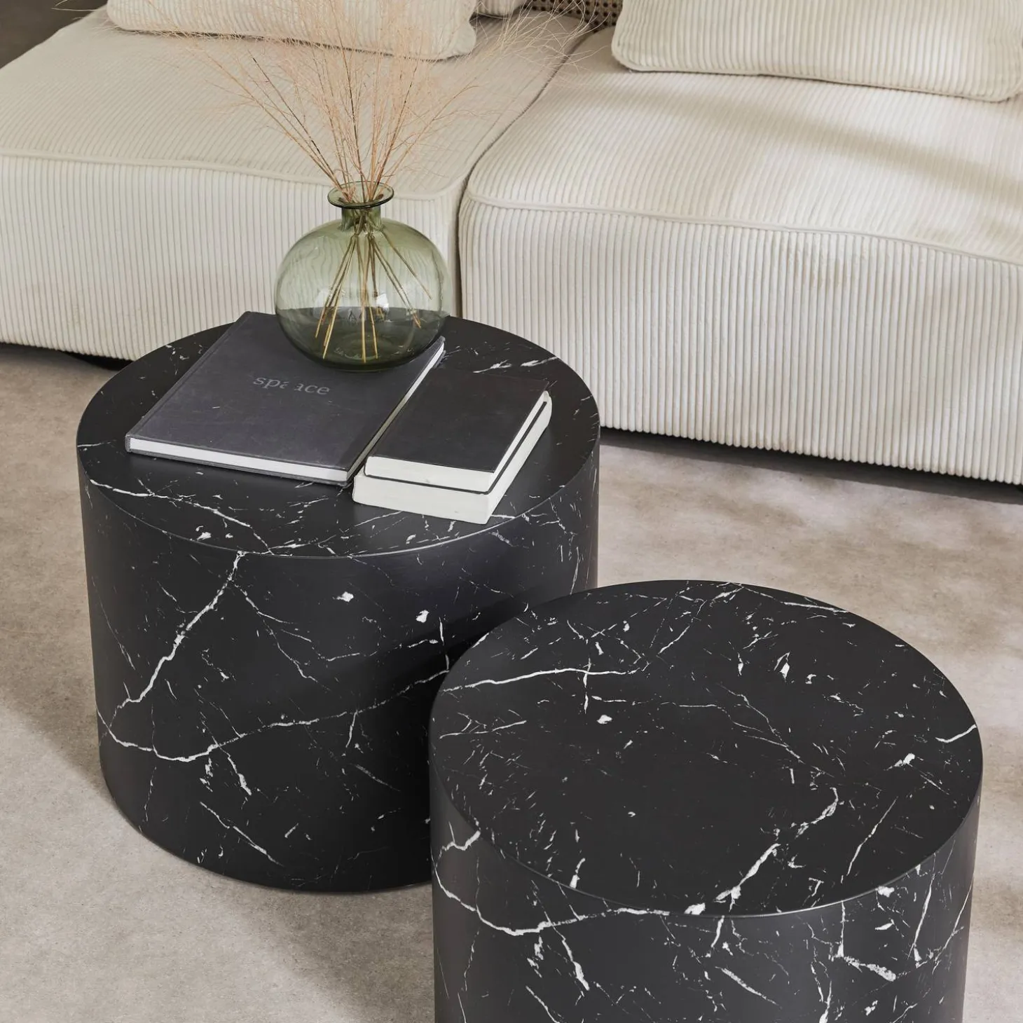 Mesa de centro redonda com efeito mármore, set de 2