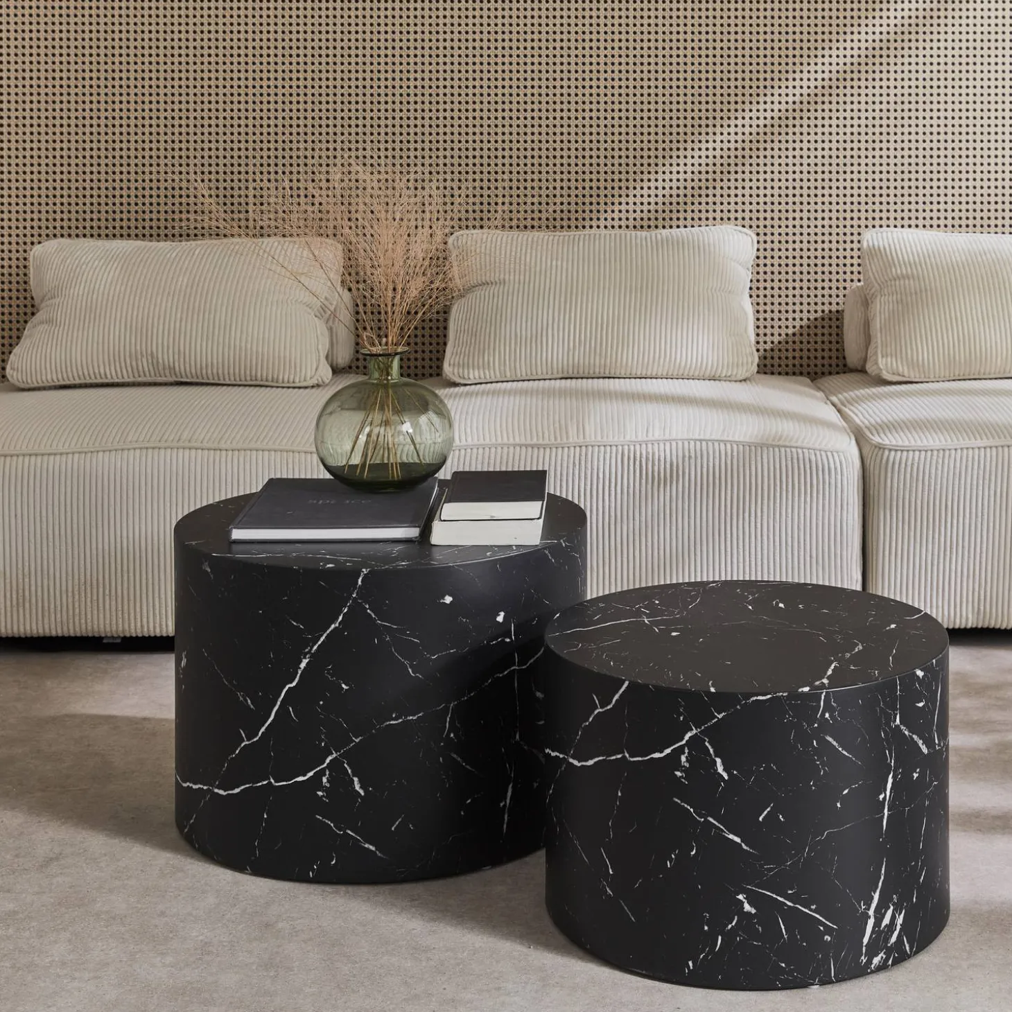 Mesa de centro redonda com efeito mármore, set de 2