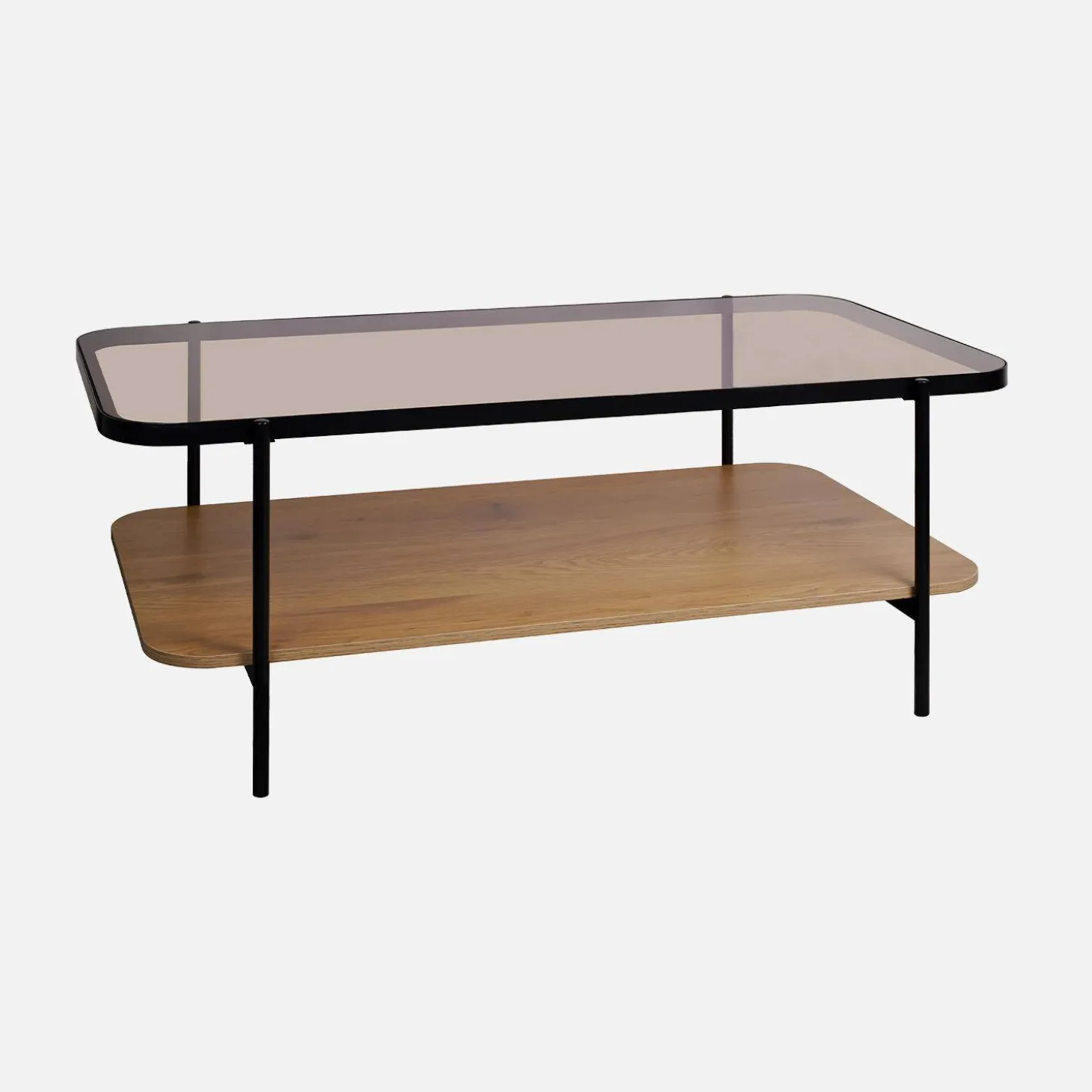 Mesa de centro vintage de metal preto com tampo de vidro