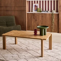 Mesa de centro vintage em madeira com tampo espinha, 120cm