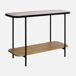 Mesa de console vintage em metal preto com tampos de vidro, 110cm