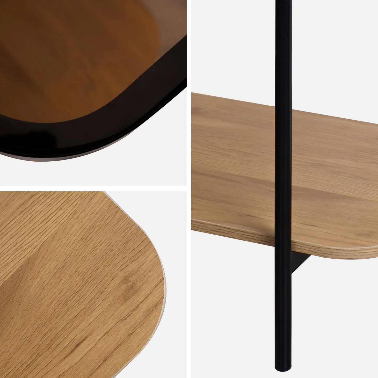 Mesa de console vintage em metal preto com tampos de vidro, 110cm