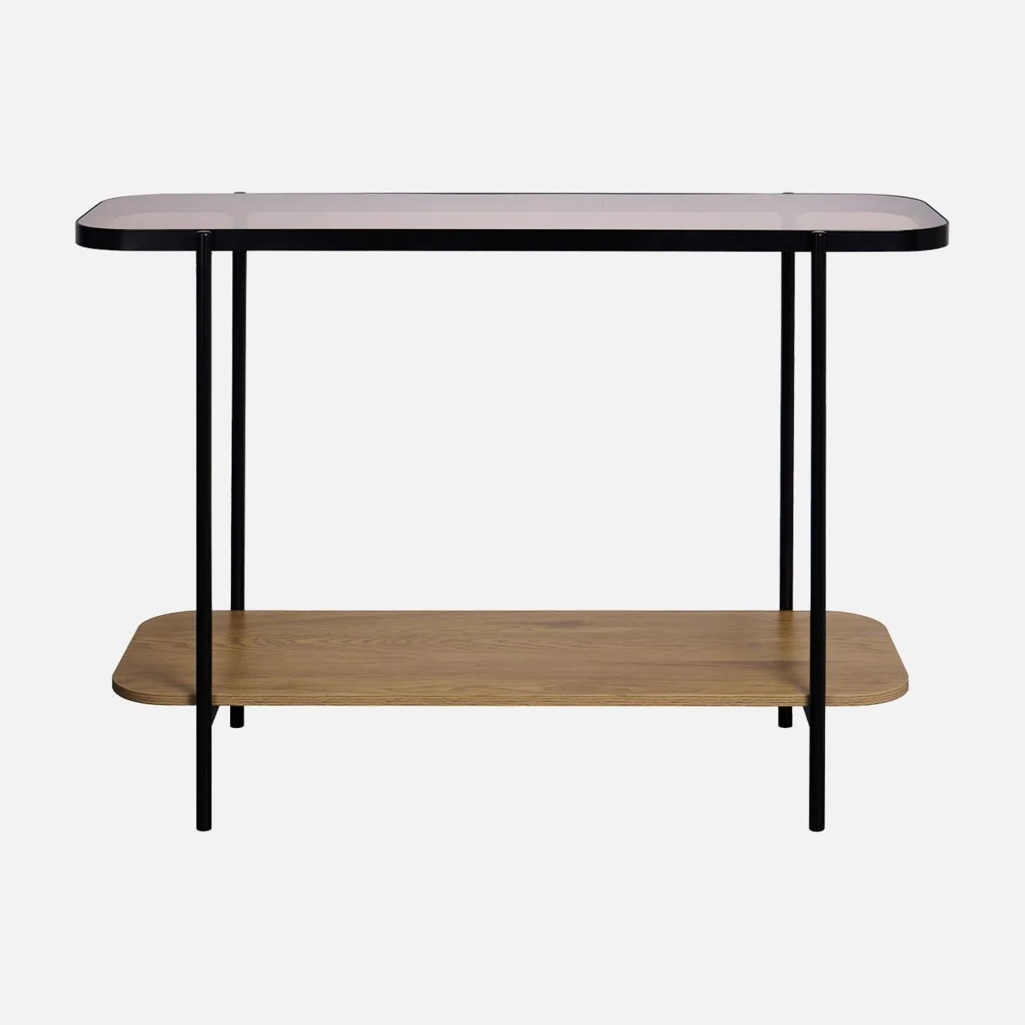 Mesa de console vintage em metal preto com tampos de vidro, 110cm