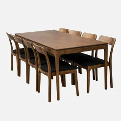Mesa de jantar retangular de madeira de seringueira e folheado de freixo para 8 lugares