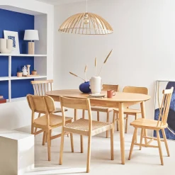 Mesa de jantar retangular extensível em madeira de seringueira e folheado de carvalho, 6 a 8 lugares