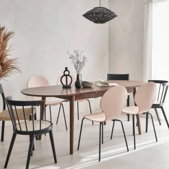 Mesa de jantar retangular extensível em madeira de seringueira e folheado de carvalho, 6 a 8 lugares