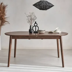 Mesa de jantar retangular extensível em madeira de seringueira e folheado de carvalho, 6 a 8 lugares