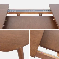 Mesa de jantar retangular extensível em madeira de seringueira e folheado de carvalho, 6 a 8 lugares