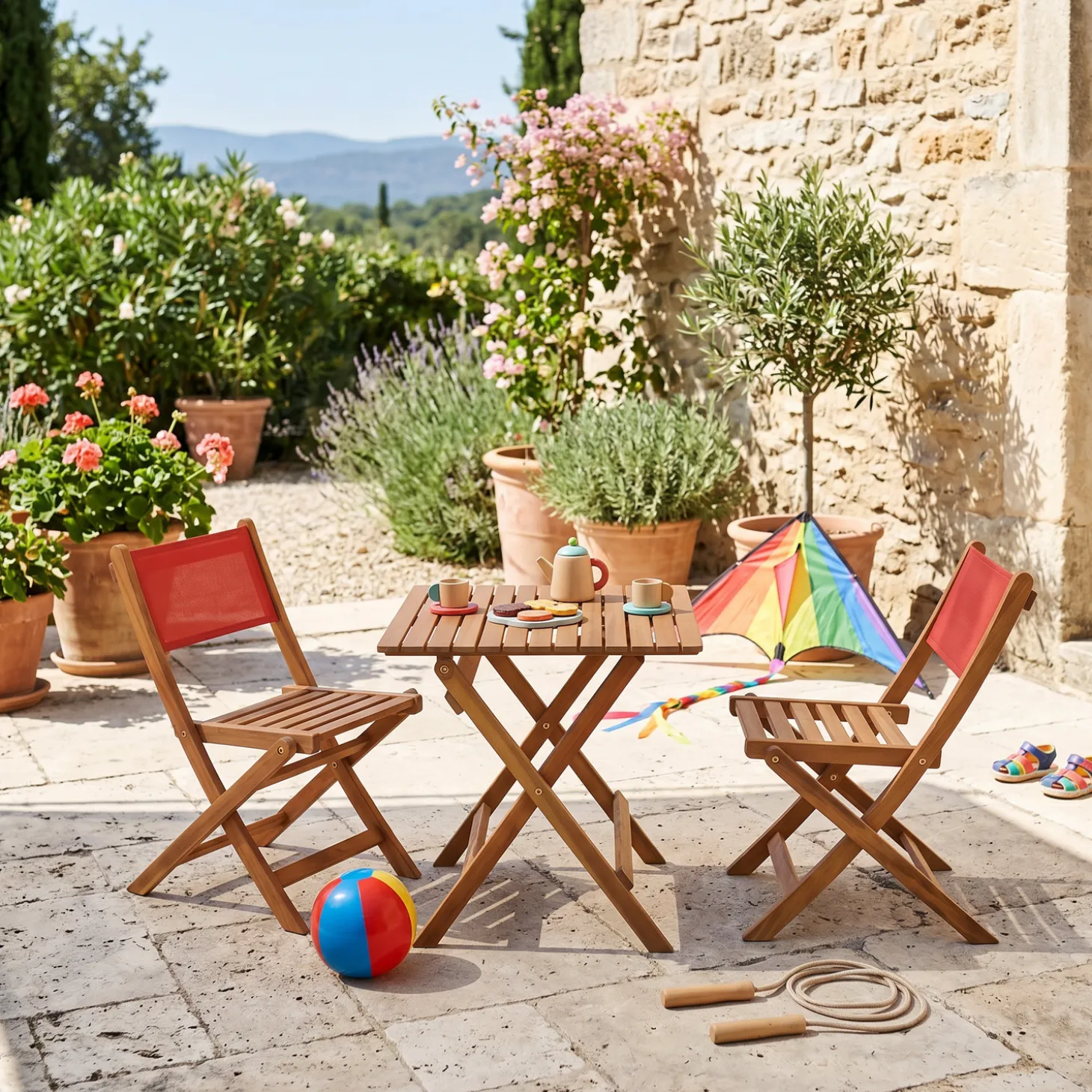 Mesa de jardim bistrô infantil de madeira de acácia com 2 cadeiras