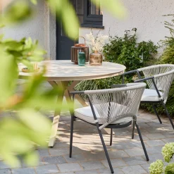 Mesa de jardim redonda em alumínio e vidro, 6 lugares