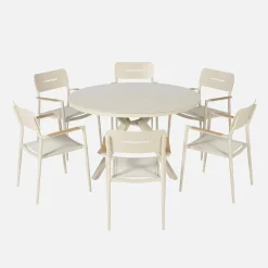 Mesa de jardim redonda em alumínio e vidro com 6 cadeiras