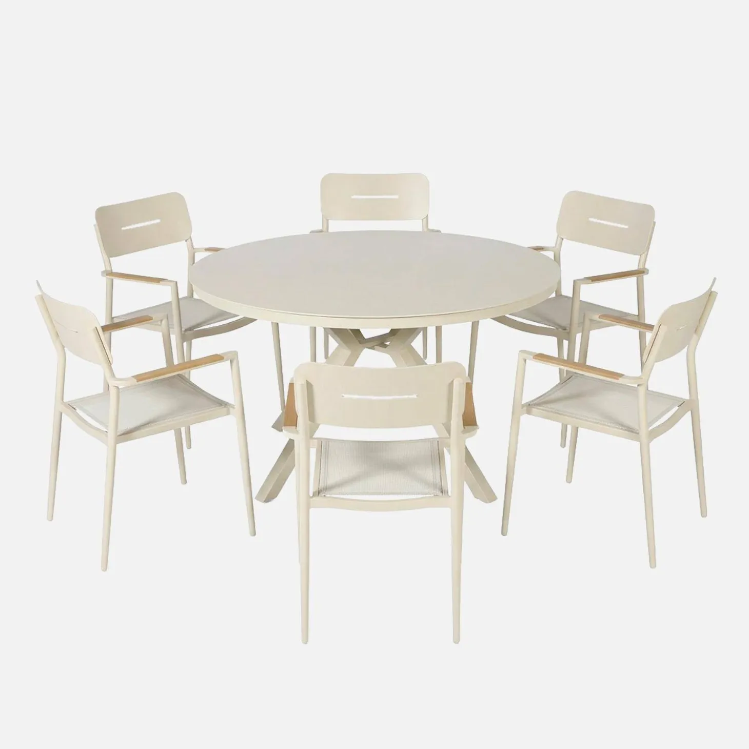 Mesa de jardim redonda em alumínio e vidro com 6 cadeiras