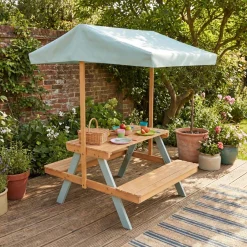 Mesa de piquenique, conjunto de jardim infantil em madeira de acácia com guarda-sol, 2 lugares