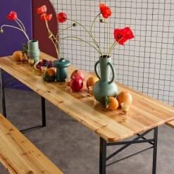 Mesa dobrável para eventos em madeira de abeto com 2 bancos, set de 2