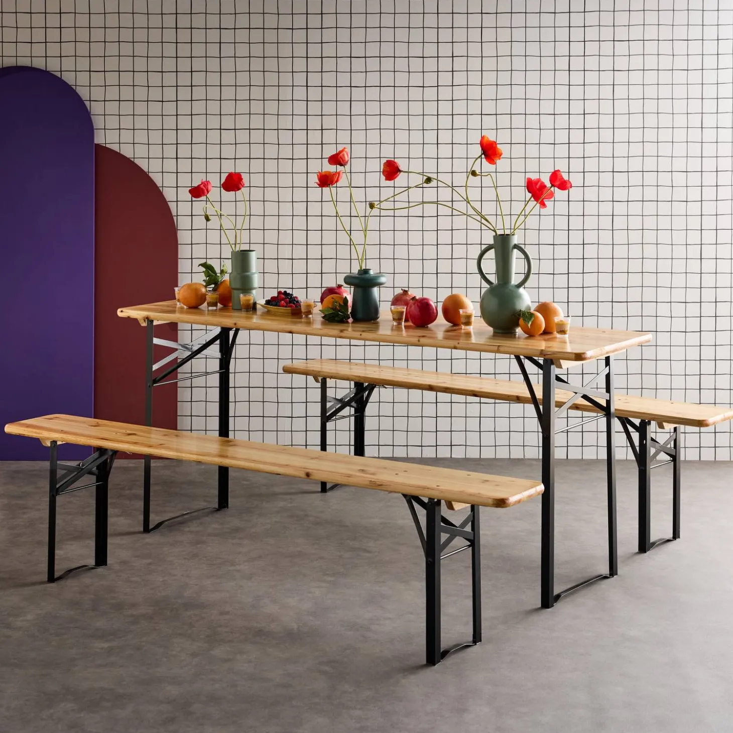 Mesa dobrável para eventos em madeira de abeto com 2 bancos, set de 2