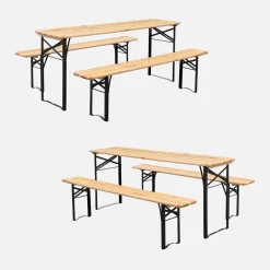 Mesa dobrável para eventos em madeira de abeto com 2 bancos, set de 2