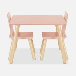 Mesa infantil quadrada em madeira de pinho com 2 cadeiras