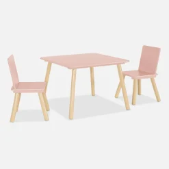 Mesa infantil quadrada em madeira de pinho com 2 cadeiras