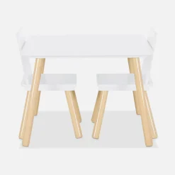 Mesa infantil quadrada em madeira de pinho com 2 cadeiras