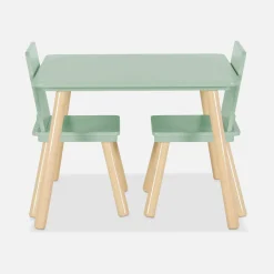 Mesa infantil quadrada em madeira de pinho com 2 cadeiras