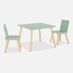 Mesa infantil quadrada em madeira de pinho com 2 cadeiras