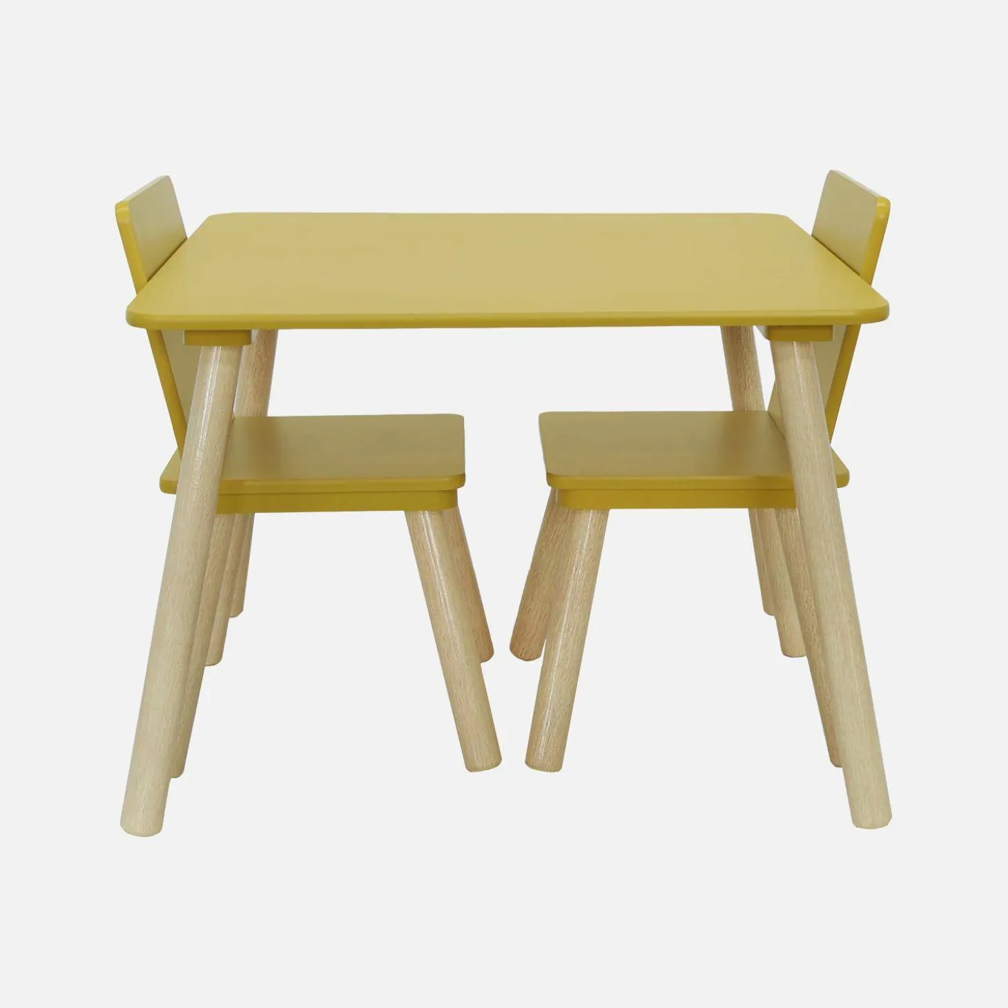 Mesa infantil quadrada em madeira de pinho com 2 cadeiras