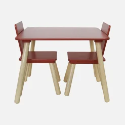Mesa infantil quadrada em madeira de pinho com 2 cadeiras