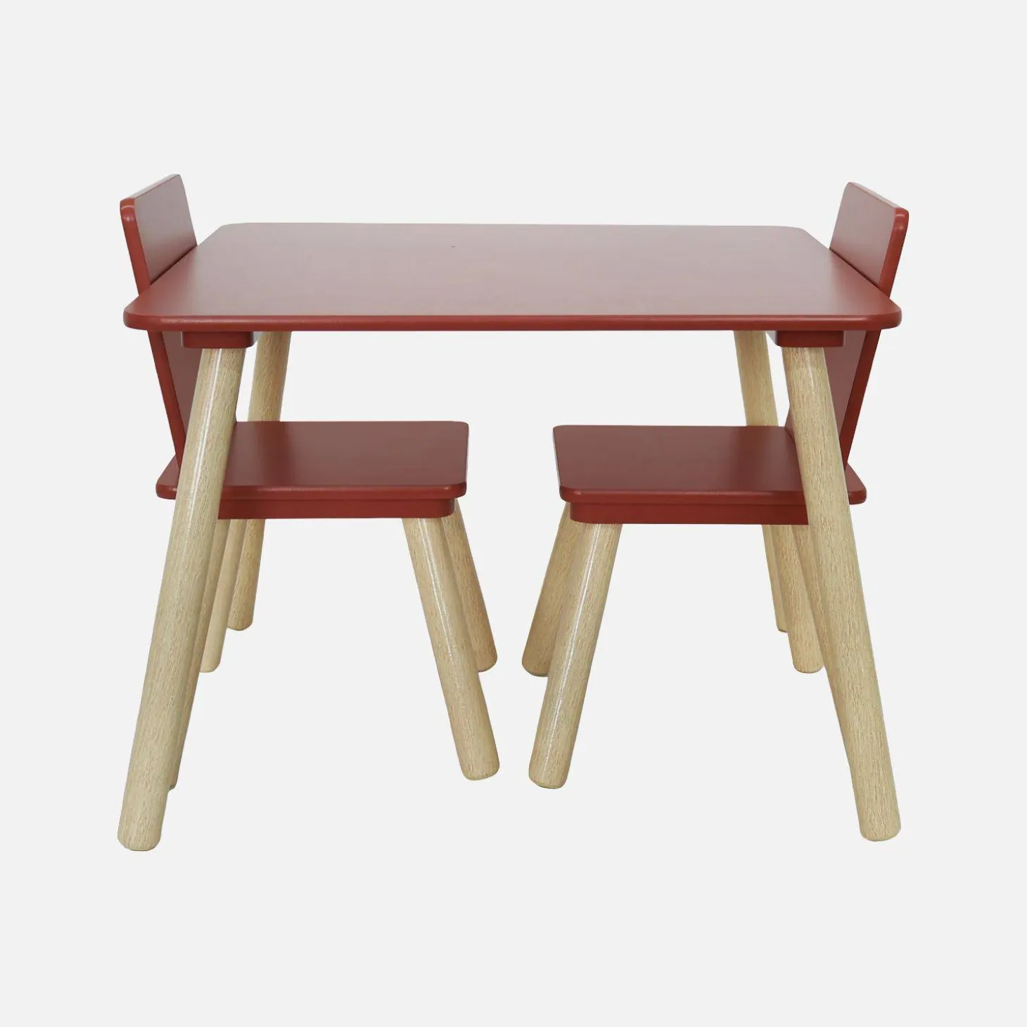 Mesa infantil quadrada em madeira de pinho com 2 cadeiras