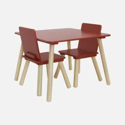 Mesa infantil quadrada em madeira de pinho com 2 cadeiras