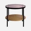 Mesa lateral redonda em vidro temperado, efeito de madeira
